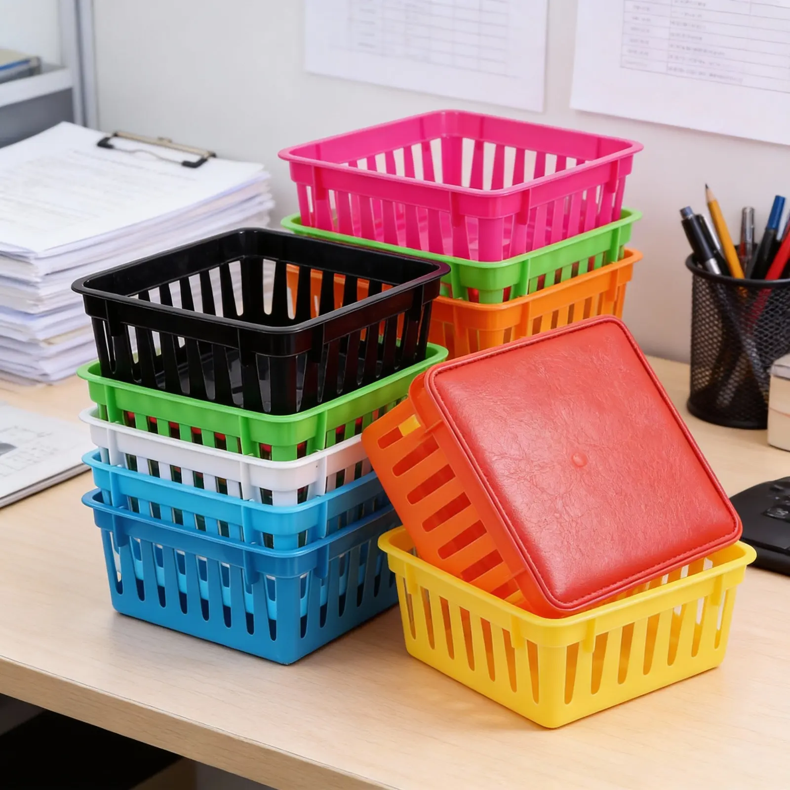 8Pcs Assorted Color Plastic Desktop Organizer Basket Sturdy Square Stackable Stationery Storage Bin for Office Desk Study Area