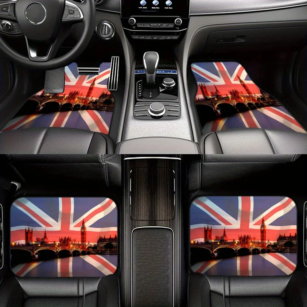 4pcs Durable Polyester Fiber Vehicle Mats | London Cityscape And Union Jack Design For Front And Rear Seats, Easy Clean All-Weat
