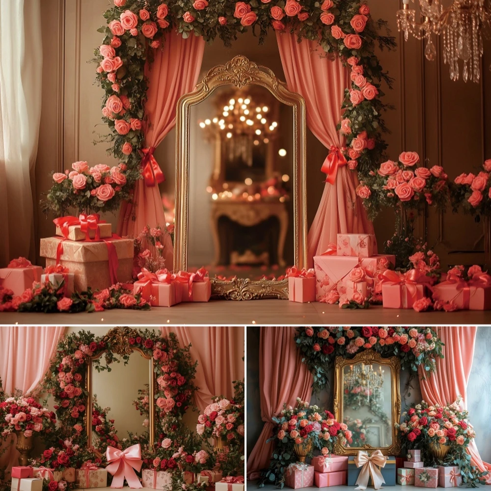 

Фоны на День святого Валентина, розовые розы, цветы, зеркальная занавеска, подарок, зеркало, домашний свадебный декор, портретный фотофон для пар