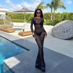 Women Slash Neck Mesh See-Through Dress New Sexy Slim Pullover Long Sleeve Floor-Length Solid Dresses Beach Style Swimsuit Cover