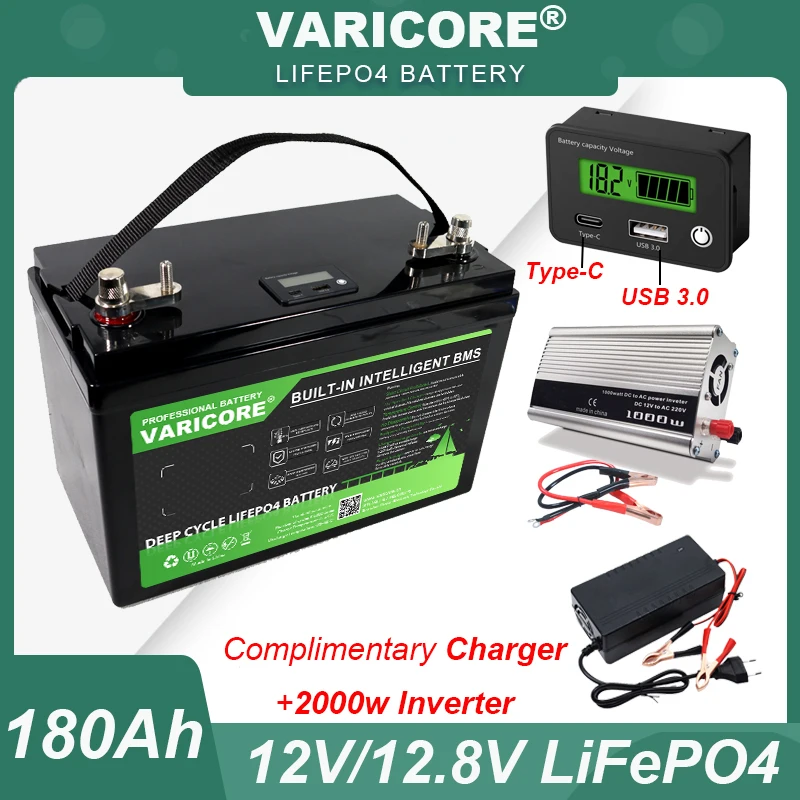 VariCore 12 فولت 180 أمبير 160 أمبير 120 أمبير LiFePO4 بطارية في الهواء الطلق بجولة سيارة متعددة الوظائف USB 3.0 نوع-C الناتج 2000 واط شاحن عاكس