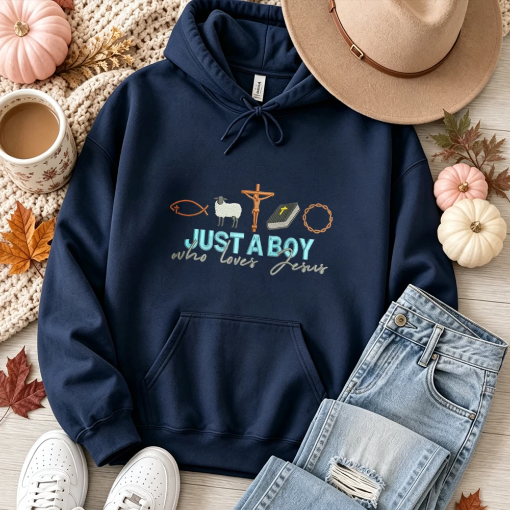 Just A Boy Who Loves Jesus Graphic Hooded Sweatshirt Cross Bible Lamb Fish Crown of Thorns Christian Faith Casual Pullover Tops