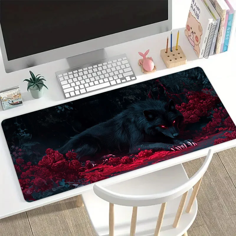 CIFbuy Large Gaming Mouse Pad Black Wolf Rose Pattern Non-Slip Rubber Desk Mat For PC Laptop Office Home Decor Gift