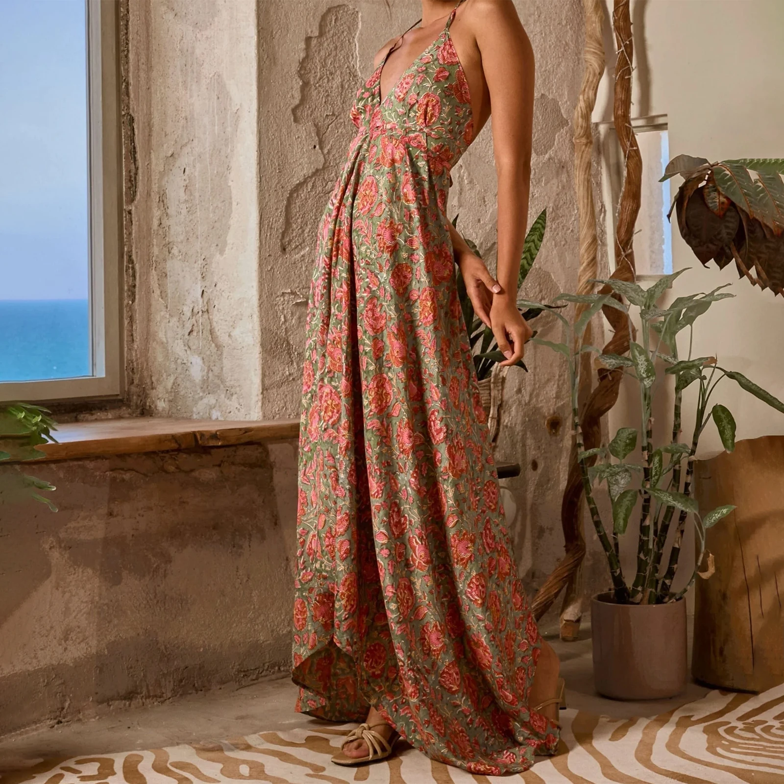 Combhasakiผู้หญิงLace-Up HalterลึกVคอBacklessความงามดอกไม้พิมพ์ฤดูร้อนหลวมA-Line Cami Slipชุดยาว