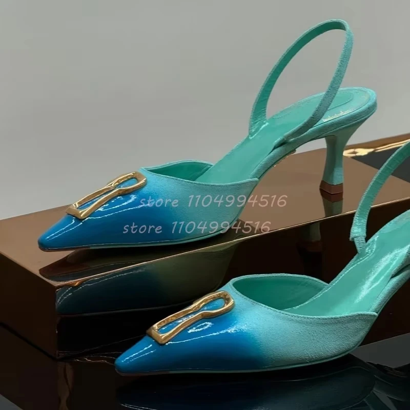 

Blue Metal Buckle Pointed Slingback Sandals Women Patchwork Back Strap Stiletto High Heels Fashion Elegant Party Banquet Shoes