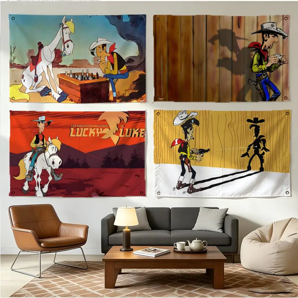 Comic Western Lucky Luke Flags Four Ring Borderless Art Decor Indoor Outdoor Use Simple Hang And Install