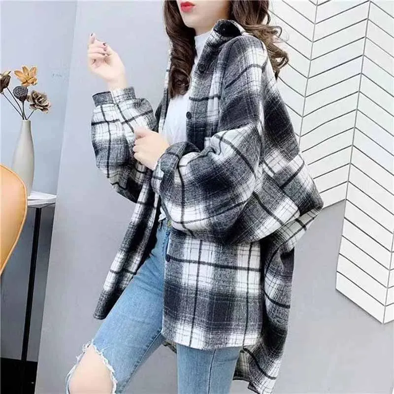 Women Autumn Winter Mid Length Version Frosted Thickened Woolen Cloth Blouse Female Loose Fit New Hong Kong Flavor Shirt Coat