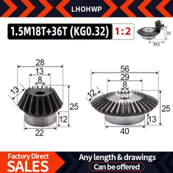1Set 1:2 Bevel Gear 1.5 Modulus 18 Teeth+36Teeth Process Hole 90 Degree Drive Commutation Steel Gears Steel Gears Screw M5