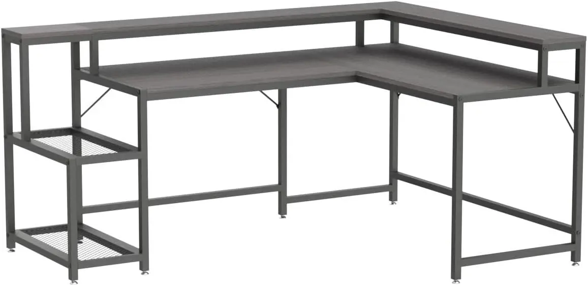 Tribesigns 69 Inch L Shaped Desk with Monitor Stand, Large Reversible Corner Desk with Storage Shelf, Industrial Computer Table