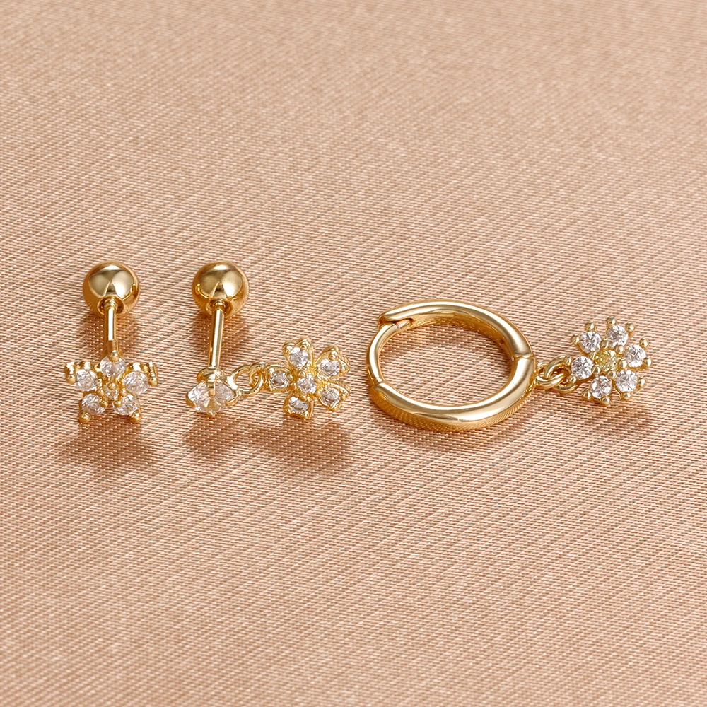 جديد وصول الفولاذ المقاوم للصدأ زهرة الزركون الغضروف ثقب طقم من الحلقان للنساء 14K مطلية بالذهب قرط الاذن المرصع مجوهرات فاخرة