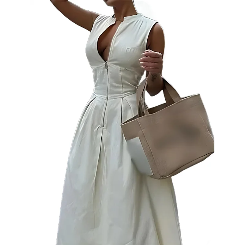 CYL-Vestido midi informal de verano dividido con cintura elástica y cremallera con cuello en V profundo para mujer con bolsillos
