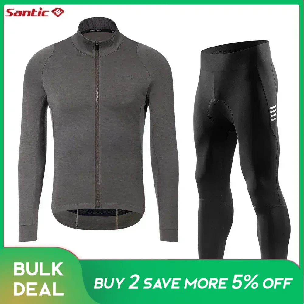 Santic Men's Cycling Suit Autumn Spring MTB Quality Wool Cycling Jersey 4D Padded Pants Long Sleeve Riding Clothing Comfort Sets