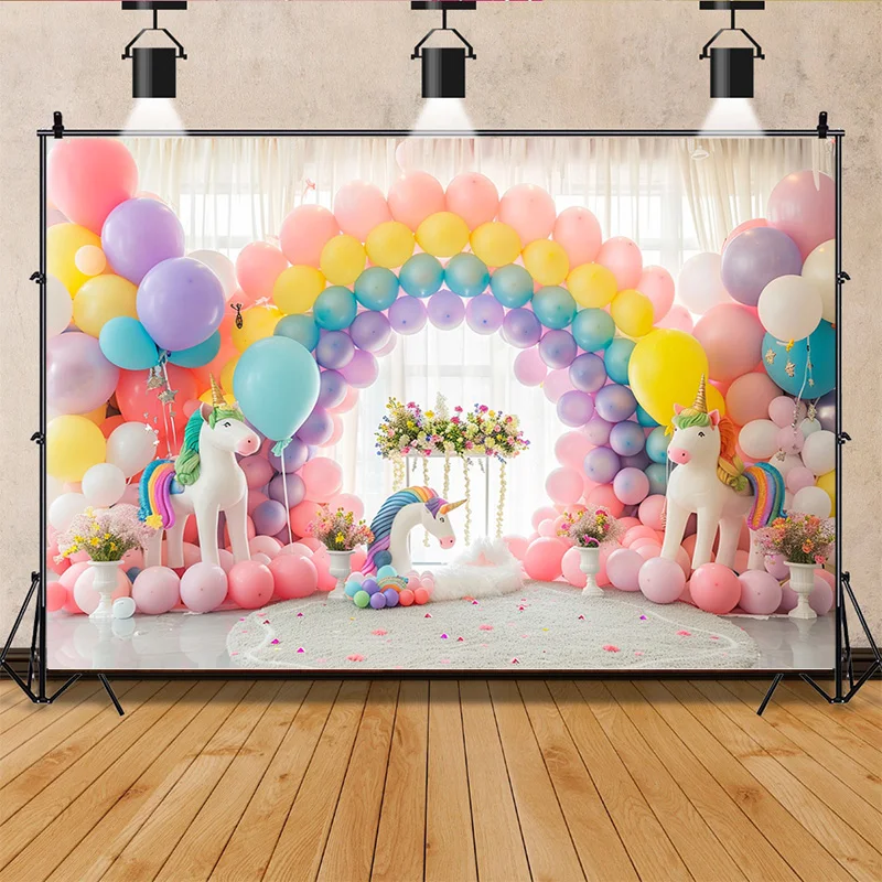 ลูกโป่งทรงโค้งสีรุ้งรูปยูนิคอร์นฉากหลังสำหรับถ่ายภาพ RA-02สำหรับงานเลี้ยงวันเกิดเด็กแรกเกิด