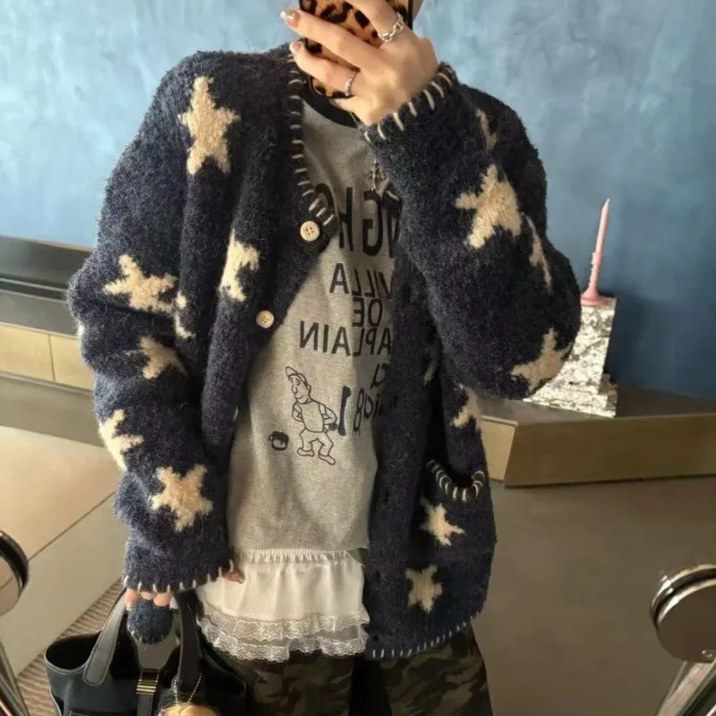 2025 inverno coreano vintage estrela impressão de malha cardigan feminino harajuku camisola manga longa casual outerwear senhoras malhas