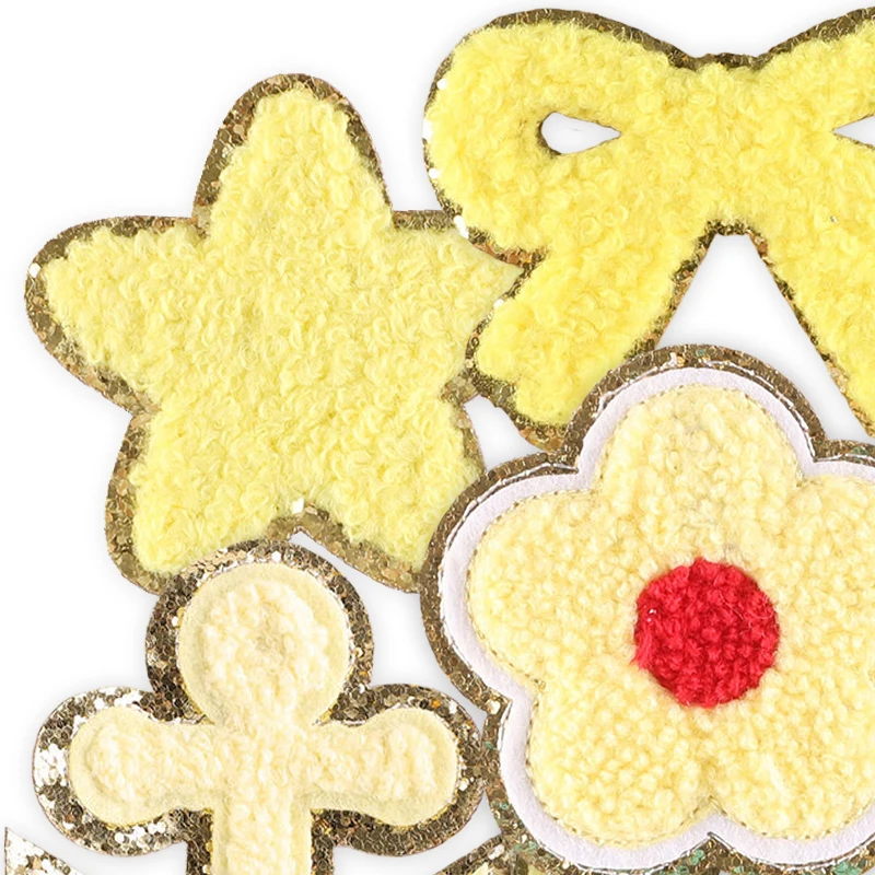 7 Pcs Yellow Iron Sew On Patches For Clothing Cute Embroidered Jackets Girls Pack Stickers Kids Star Heart Diy Fabric Mochila