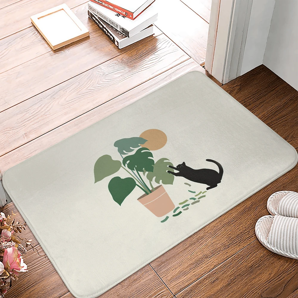 The cat Green Leaves Floor Mats Bathroom Non-Slip Mat Kitchen Living Room Bedroom Doormats Carpets Washable Home Decor