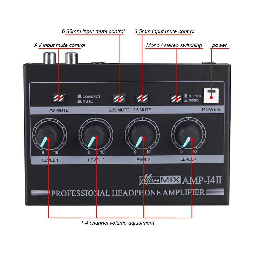 4 Channel Headphone Amplifier Compact Stereo Headphone Amp with RCA/6.35mm/3.5mm Input Volume Control