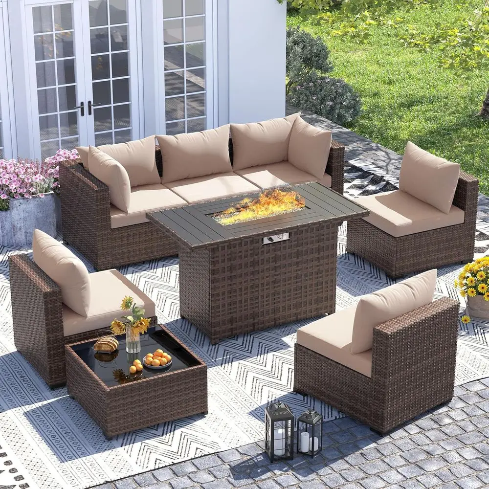 

Комплект секционной мебели из 8 предметов с столом-очагом, всепогодный ротанг, цвет хаки, для улицы и заднего двора