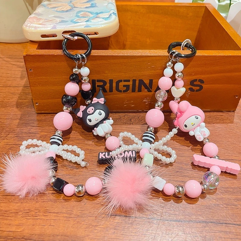 Sanrio Pink Bead Chain Keychain Meileti Kuromi Mobile Phone Chain Bag Pendant Cute Cartoon Home Decor Girl Festival Accessories