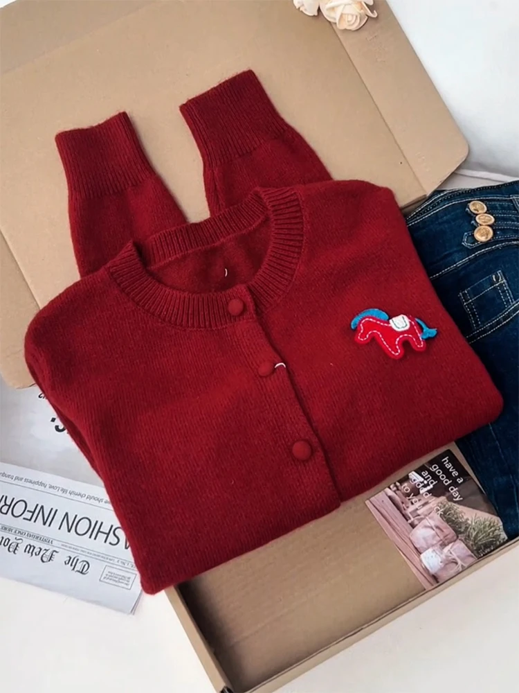 

Корейский круглый вязаный открытый кардиган, большой размер, модный универсальный антивозрастной топ, зима 2025, Новое поступление