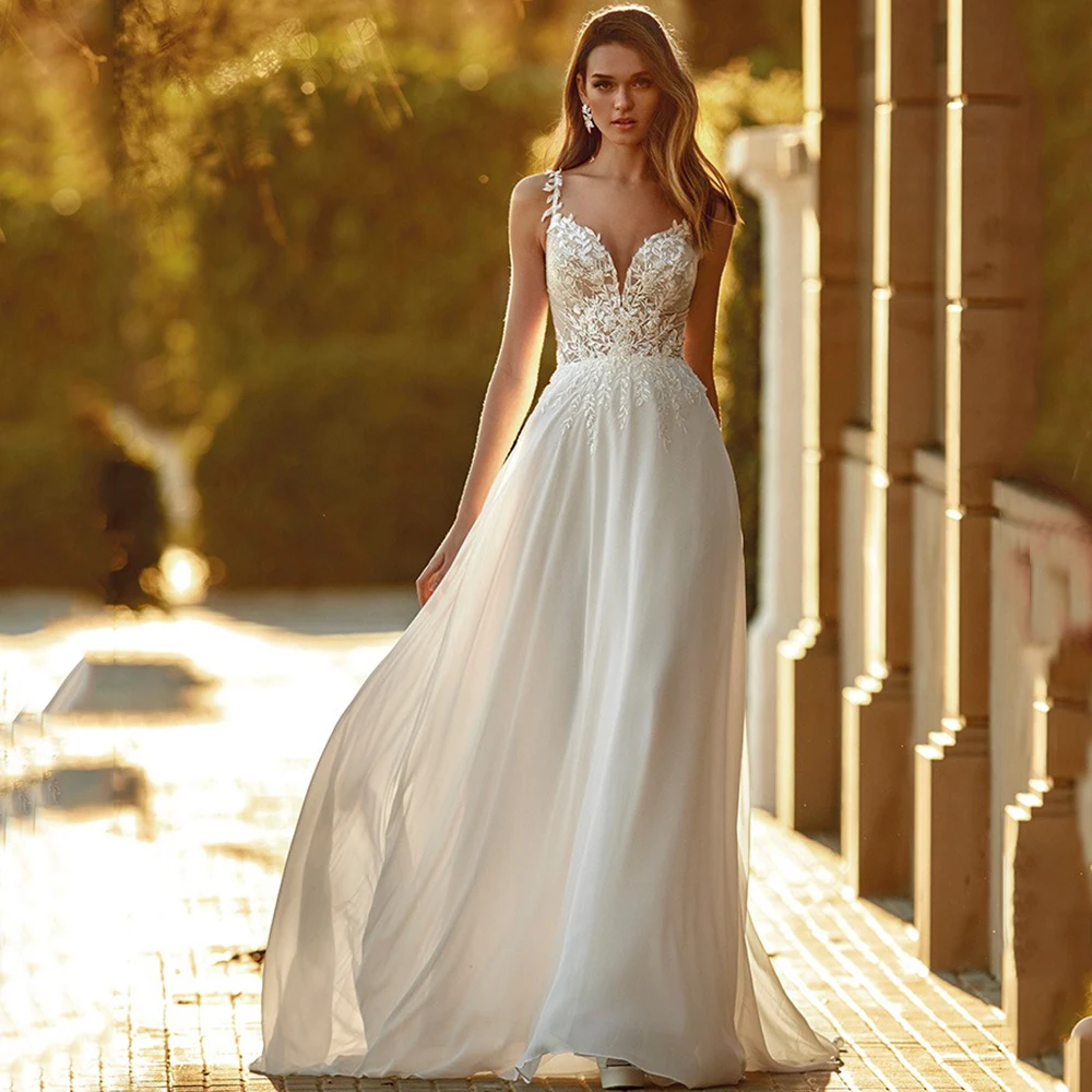 

Spaghetti Straps Sexy Deep V-Neck Wedding Dress Sleeveless Applique A-Line Floor Length Bridal Romantic Chiffon Backless Gowns