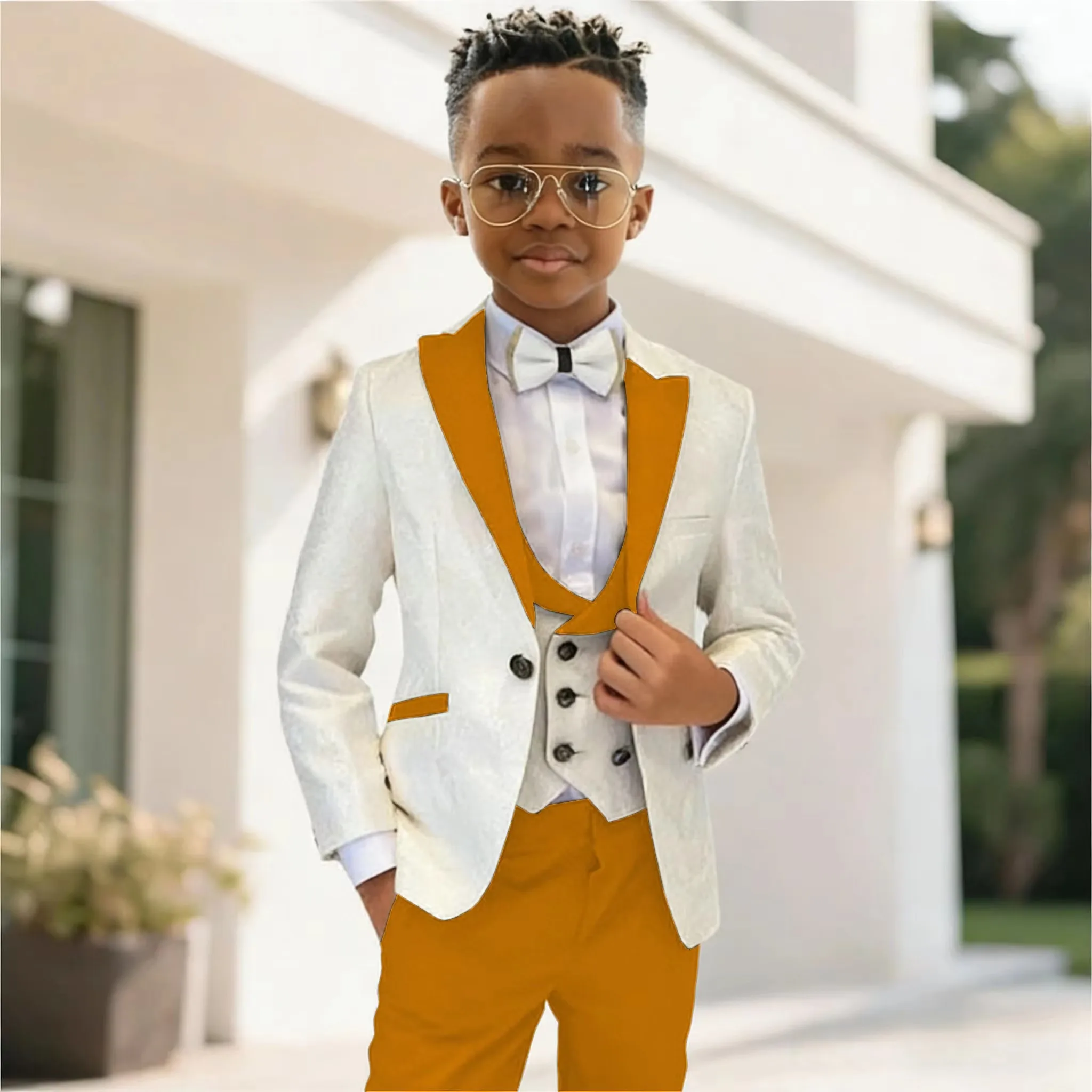 Elegant Peak Lapel Jacquard Boy Suits 3 Pieces Formal Banquet Outfit High Quality Children's Stylish Suit Set Party Wear 2-20T