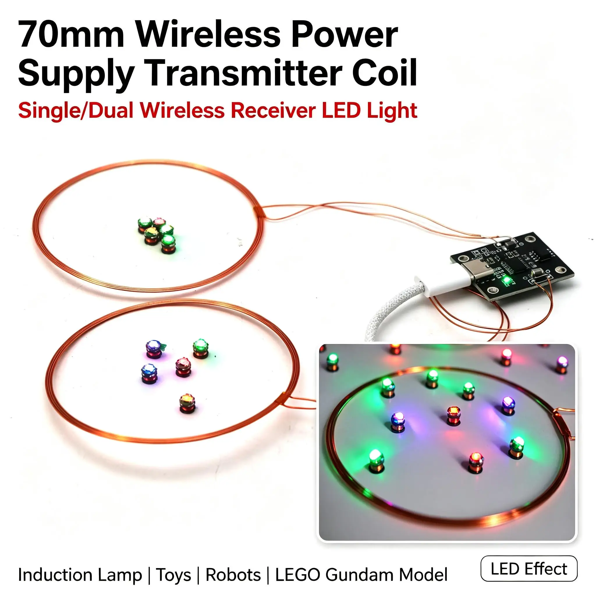 DYKB 70mm Wireless Power Supply Transmitter Coil Single/dual Wireless Receiver LED Light Induction Lamp Model Toys Robots Gundam