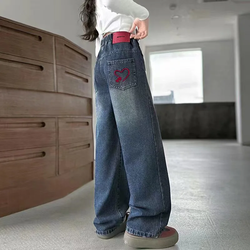 

New 2025 Spring Autumn Teenage Girls Jeans Pocket Heart Embroidered Wide Leg Long Pants Baggy Denim Trousers For 4-14Years Kids