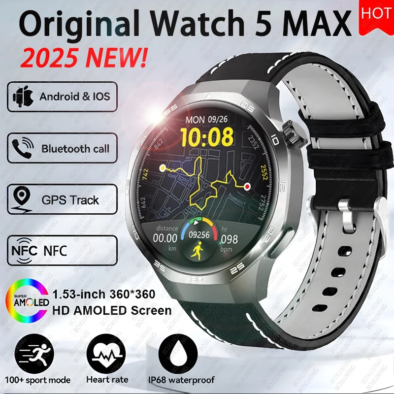 2025 New For Huawei Watch 5 MAX Smart Watch AMOLED Screen NFC GPS Tracker Bluetooth Call Health Waterproof Smartwatch Men Women