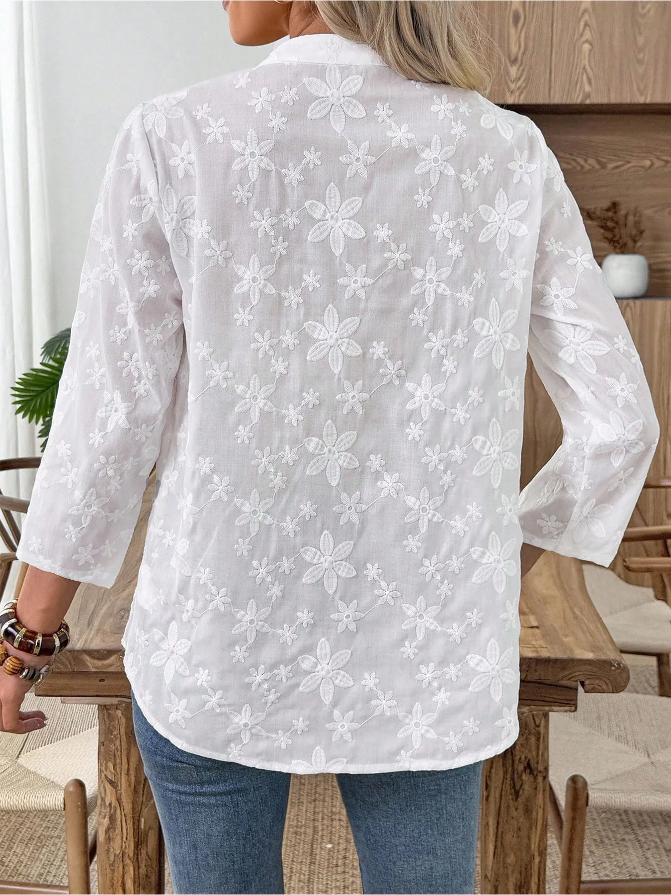 Women's 100% Cotton V-Neck Shirt with Chest Pocket and Stylish Floral Embroidery – A Versatile, Casual Everyday Top