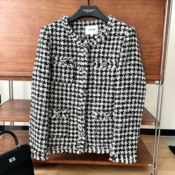 Wool Tweed Jacket and Coat for Women, Scented Fringed Coat, Black and White Plaid Outwear, Women's Clothing, Autumn and Winter,