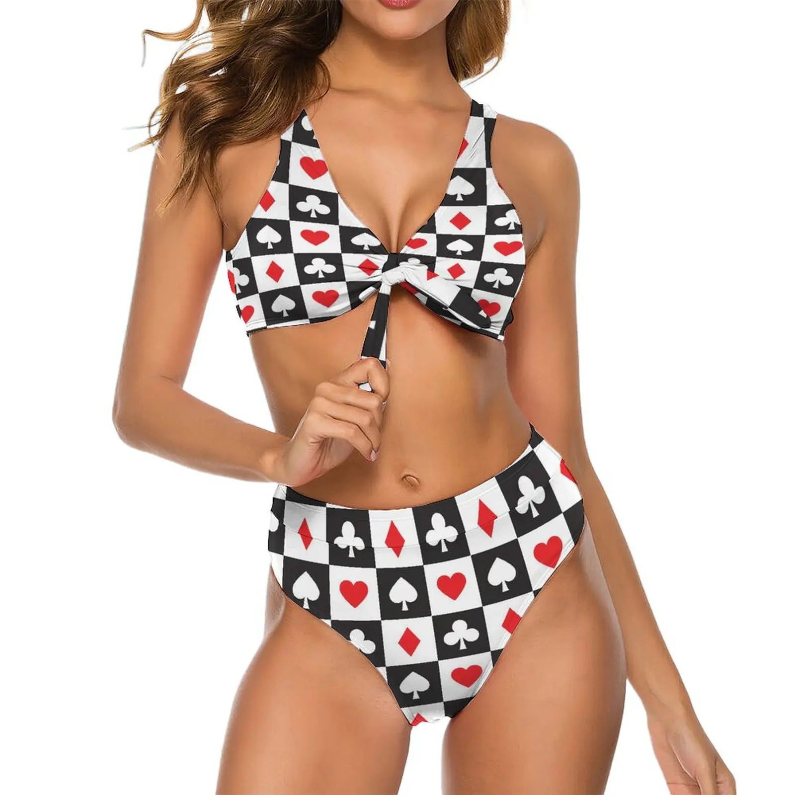 

Sexy Poker Heart Bikini Swimsuit Black And White Plaid Stylish Swimwear High Waisted Bikini Set High Cut Two Piece Set Biquini