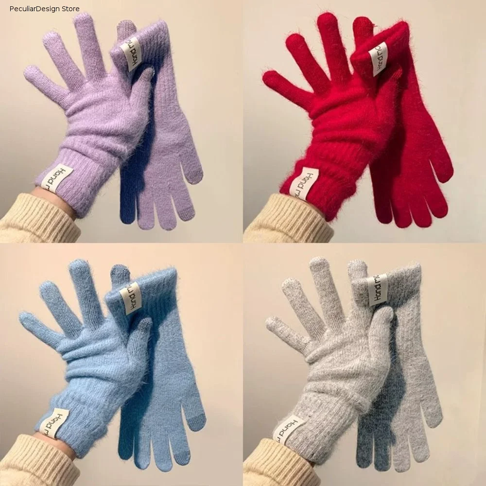 Fashion Warm Flannel Gloves Touch-screen Faux Fur Long Rabbit Fur Gloves Candy Colored Cold-proof Full Finger Mittens Gift