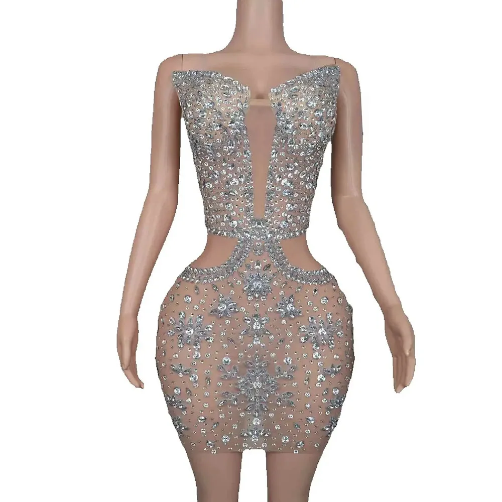 Suknia wieczorowa z błyszczącymi srebrnymi cyrkoniami, seksowna, z siateczki, prześwitująca, bez ramiączek, na czerwony dywan, pokaz mody, urodziny, suknie sceniczne.