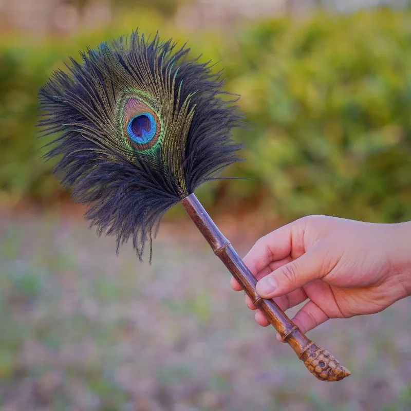 Handmade Ostrich Feather Duster Natural Peacock Feather Cleaning Brush Purple Bamboo Handle Dust Remover Home Tea Room Decor