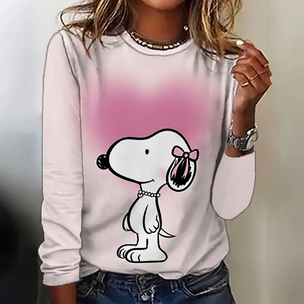 Women\'s Snoopy print long-sleeved tops round neck casual tops 3d printed Cartoon fashion stickers printed women\'s long-sleeved T