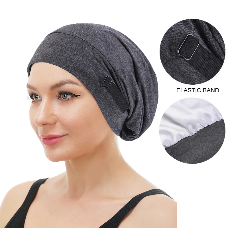 

New Unisex Stretchy Adjustable Beanie Hat Satin Lining Chemo Cap Muslim Headwear Cotton Turbante Bonnet Ladies Hair Accessories