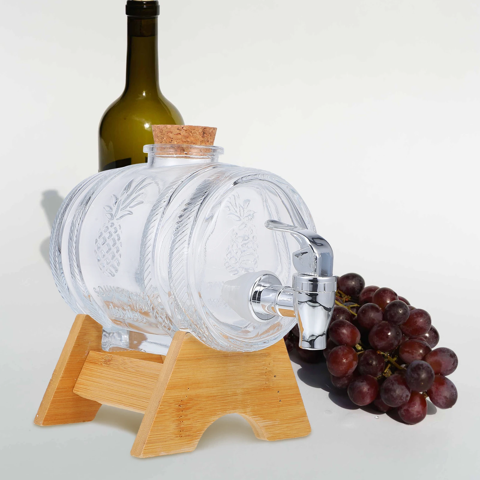 

1 Set Practical Glass Storage Barrel With Bamboo Base And Contemporary Stainless Steel Faucet