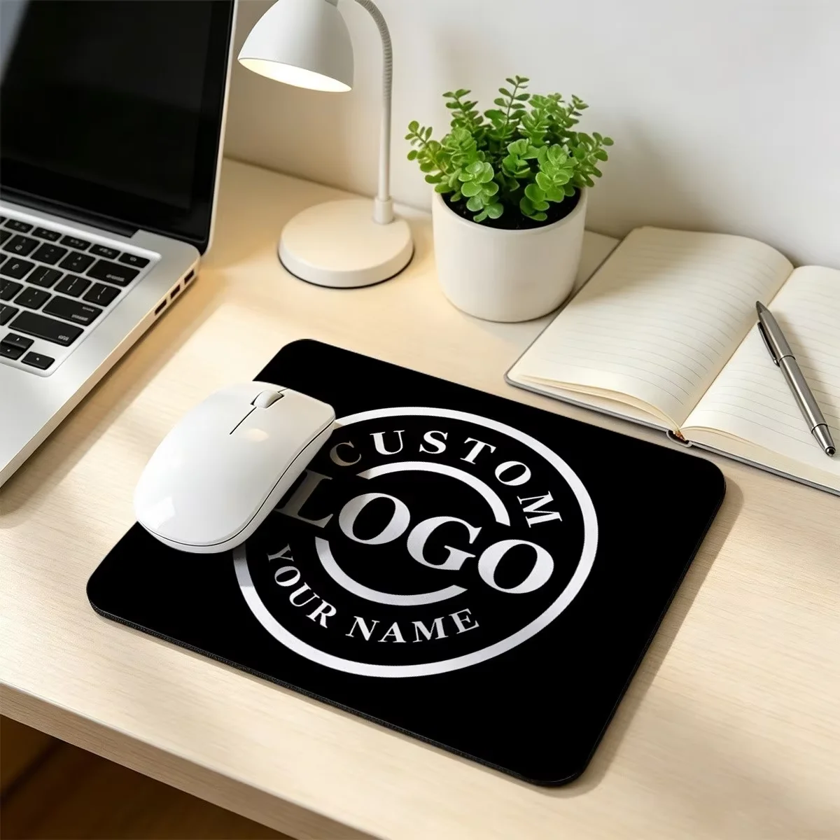 A customizable rectangular mouse pad that allows for personalized designs. It features a non-slip rubber base and is ideal for u