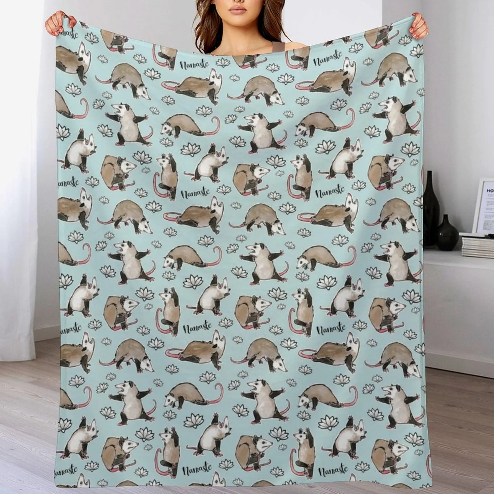 Awesome Possum | Possum Yoga Postures, aqua Throw Blanket Warm Soft Plush Plaid Blankets