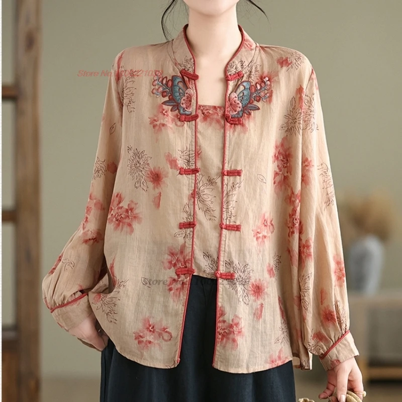 

2024 chinese vintage blouse improved fake 2 pcs blouse national flower print cotton linen blouse retro streetwear loose blouse