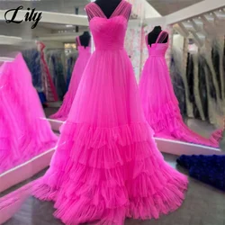 Lily Fuchsia A Line Net Prom Dress Tank Pleat Party Dresses Tiered Layer Celebrity Gowns Wedding Party Dress вечерние платья