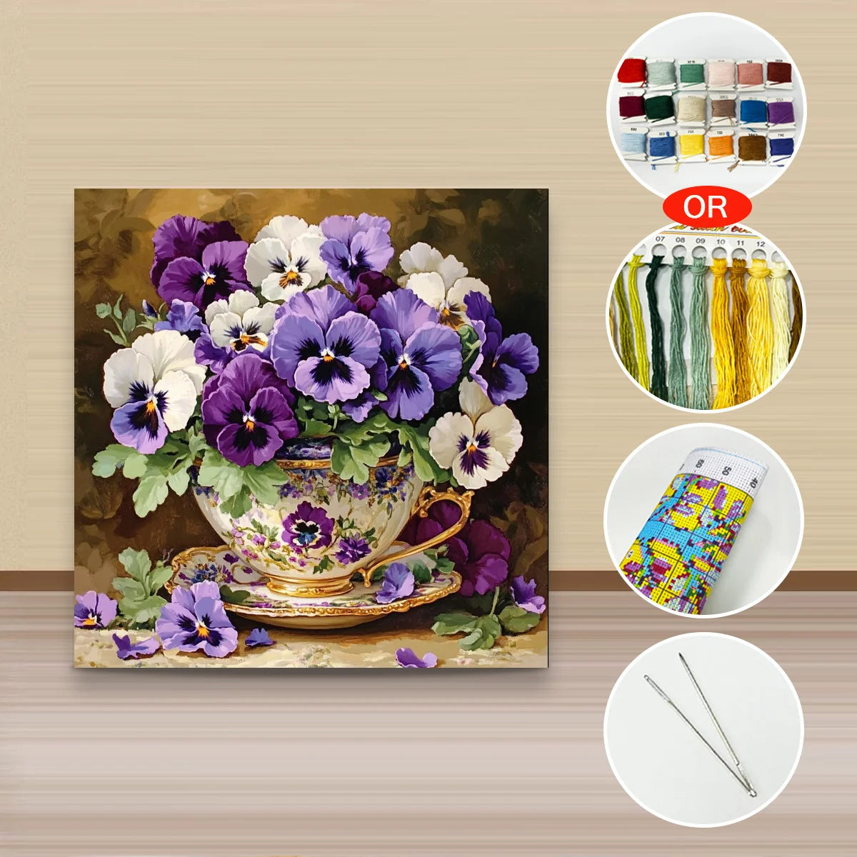 1 Stück 40x40 cm/15,74 Zoll, 11Ct/14Ct Kreuzstich-Set, DIY Valentinstagsgeschenk, Stickerei-Set für Festlichkeiten, Stiefmütterchen-Teetasse – Detail 2