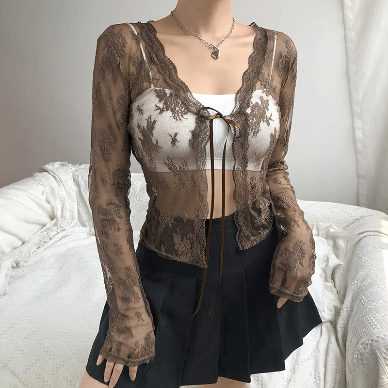 Rapcopter y2k Lace Floral Cardigans See Through Thin V Neck Tie Up Vintage T Shirt Grunge Harajuku All Match Crop Top Korean Tee