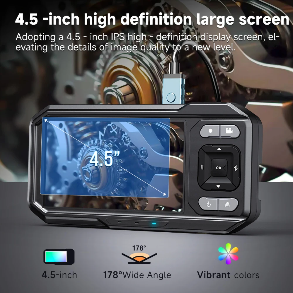 Kamera Inspeksi Pipa Layar IPS 1080P 4.5 Inci Endoskopi Otomotif Industri untuk Perbaikan Mobil Borescope Saluran Pembuangan IP67 Tahan Air