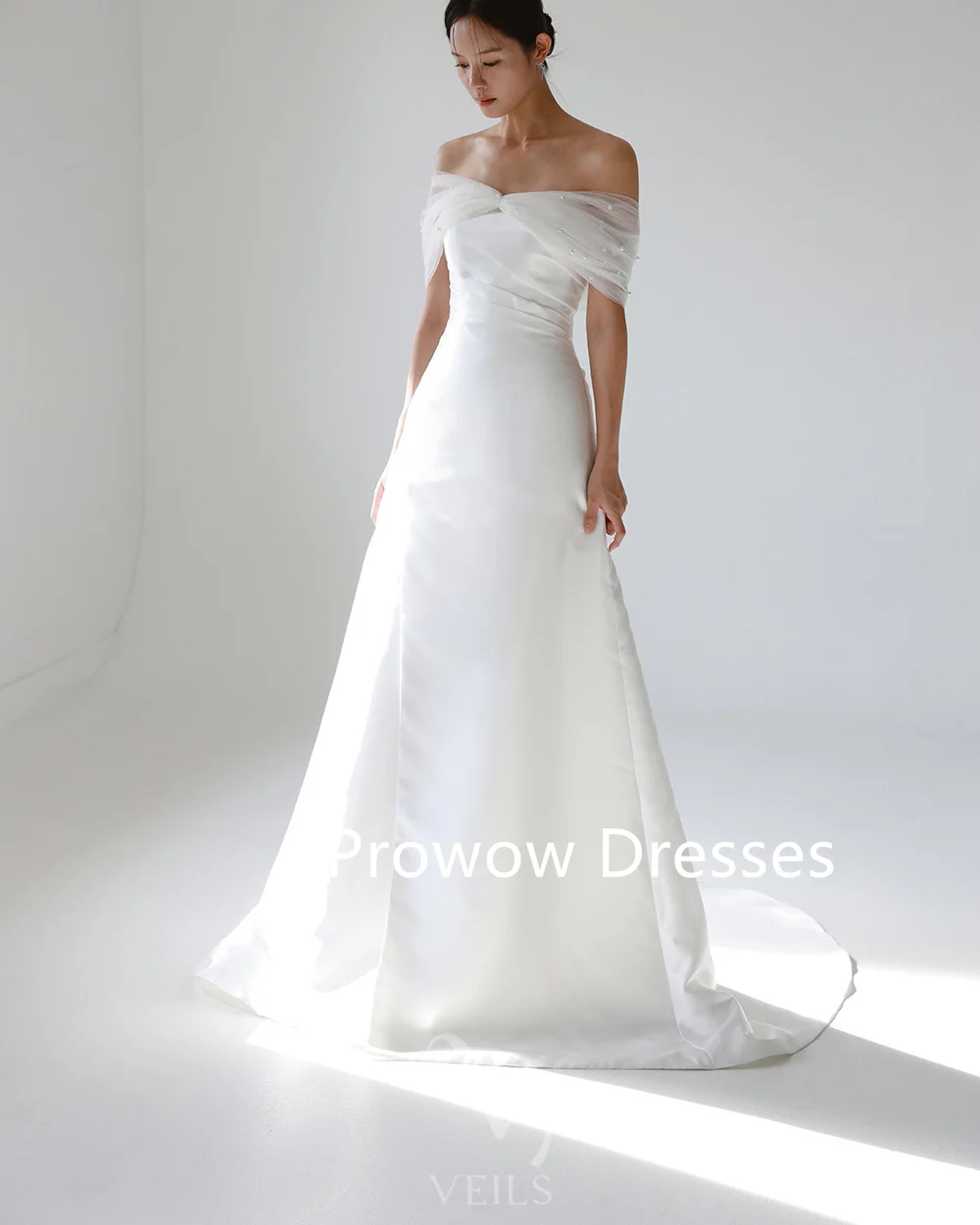 

Prowow Elegant A Line Wedding Dresses with Pearls Bolero Korea Photoshoot Floor Length Strapless Bridal Gowns Customized Corset