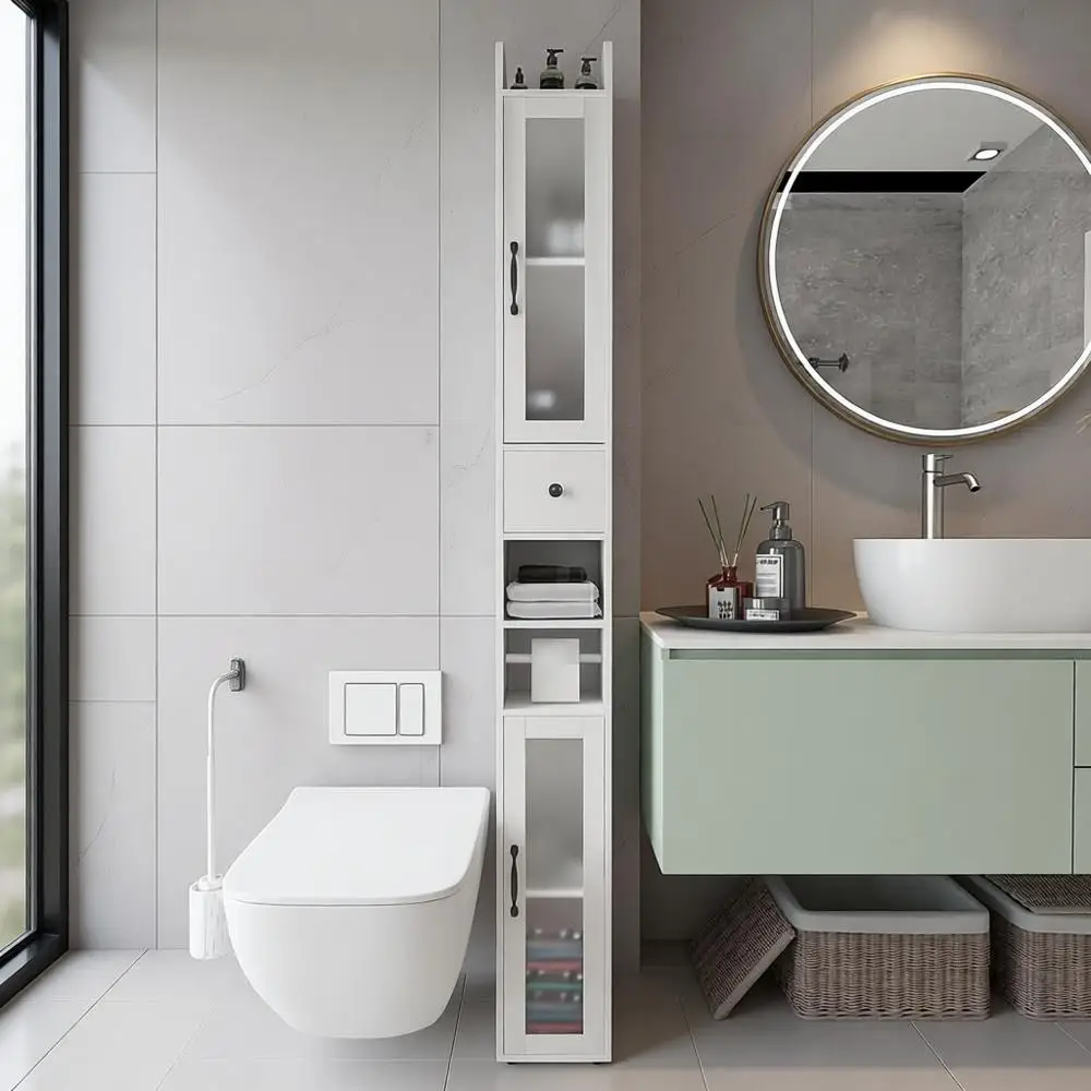 

Шкаф для хранения в ванной комнате с двумя дверцами из матового стекла, высокий узкий шкаф для хранения с дверцами и регулируемыми полками, тонкая ванная комната