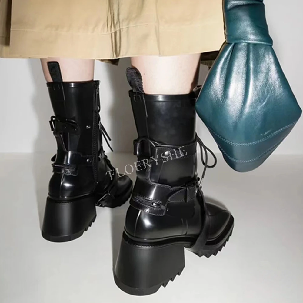 Zwarte Punk Dames Enkellaarzen Mat Leer Nieuws Solide Vierkante Neus Rits Dikke Hoge Hak Party Mode Coole Schoenen