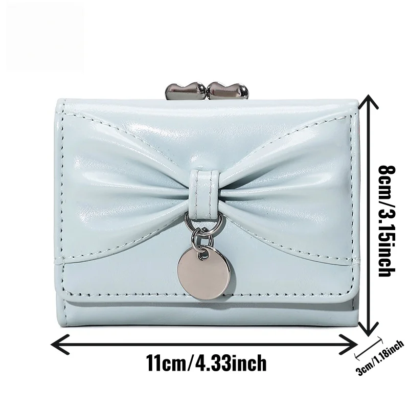 Elegant Bow Pendant Short Wallet for Women PU Trifold Card Holder Small Coin Purse Ladies Daily Portable Clutch Money Bag