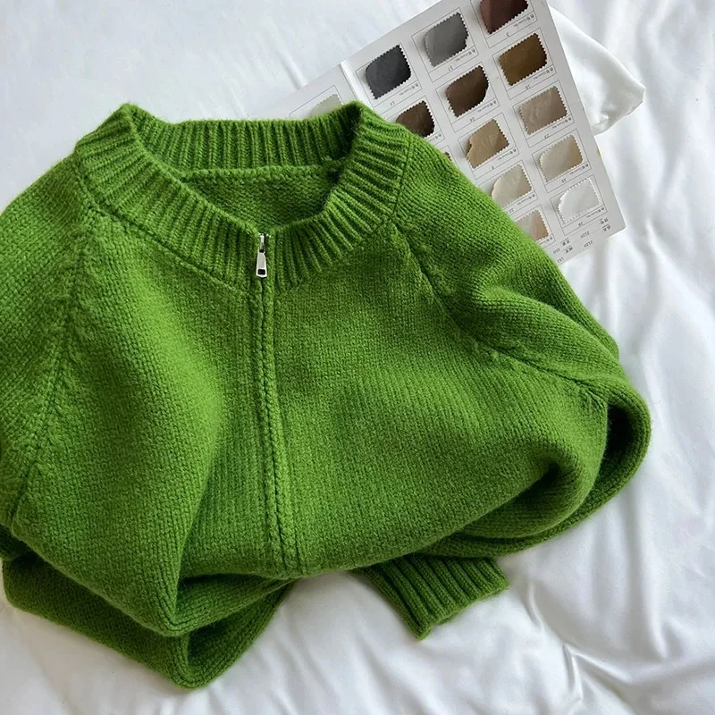 Women's Preppy Style Green Knitted Cardigan Autumn O-Neck Double Zipper Sweater Coat for Women 2023